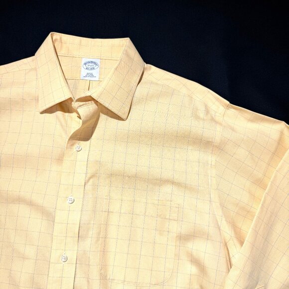 Brooks Brothers Men's Shirt 17 2/3 Yellow Plaid Non Iron 100% Cotton Slim Fit - Picture 1 of 7